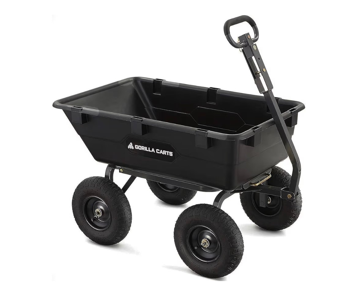 Gorilla Carts Heavy-Duty Poly Yard Dump Cart, 6 Cu Ft Tub, 1200 lb Haul Capacity, Black – Towable Utility Wagon with Quick-Release Dumping & Pneumatic Tires for Landscaping and Gardening