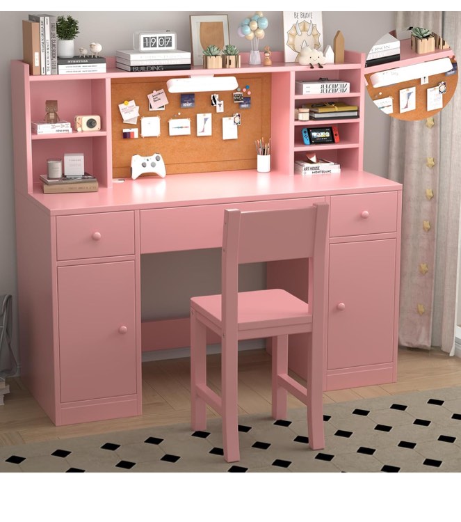 NKUGCFC Pink Wooden Kids Study Desk and Chair Set, Childrens Desk with Light, 3 Drawers, 4 Storage Cabinets and Shelves, Boys & Girls Study Desk for Bedroom and Kidsroom
