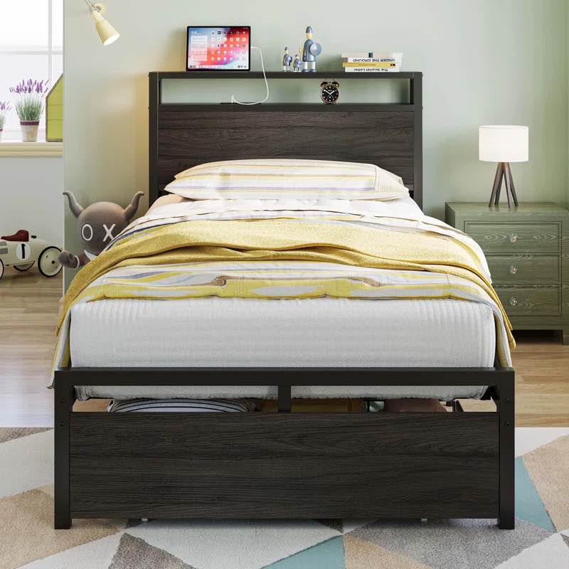 Twin Bed Frames With Drawer, Storage Headboard With Outlets, No Box Spring Needed, Easy Assembly, Vintage Brown