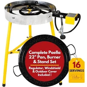 Paella Burner and Stand Set 16 Servings, 22 Inch Paella Pan, Dual Propane Outdoor Stove with Stand & Regulator, Portable Gas Cooker for Camping Crawfish Boil Cooking Outdoor, Paellera Propano