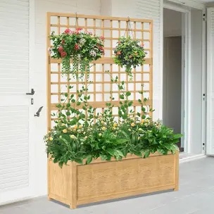 raised garden bed with trellis, wooden vertical planter box with trellis for climbing plant vine flowers vegetables