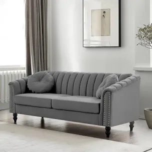 Grey 76.5" Velvet Channel-Tufted Chesterfield 3-Seater
