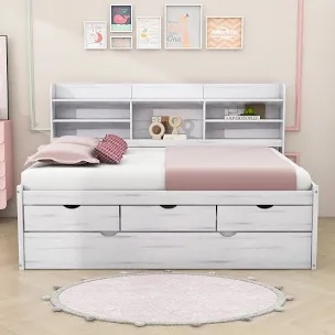 Beckwourth Full Size Wooden Platform Bed with Shelves and 3 Drawers,Twin Size Trundle