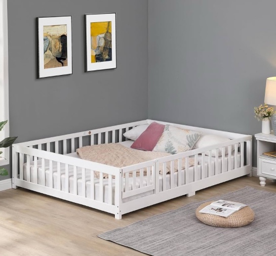Lumino Queen Size Floor Bed with Door, Solid Wood Platform Bed Frame