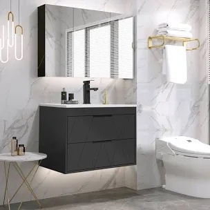wall mounted single bathroom vanity with ceramic sink top and faucet, floating cabinet with 2 soft-close drawers (does not come with sink)