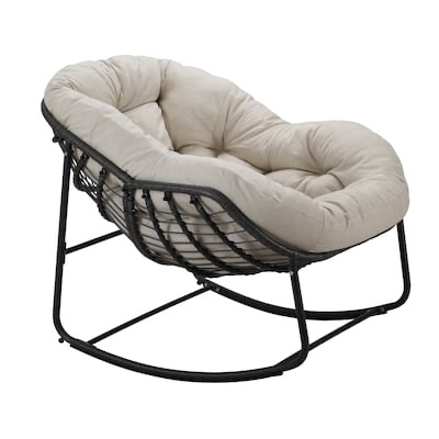 Runesay Rocking Chair with Grey Wicker and Black Aluminum Frame, Off-white Deep Set Cushions. Set of 2, 