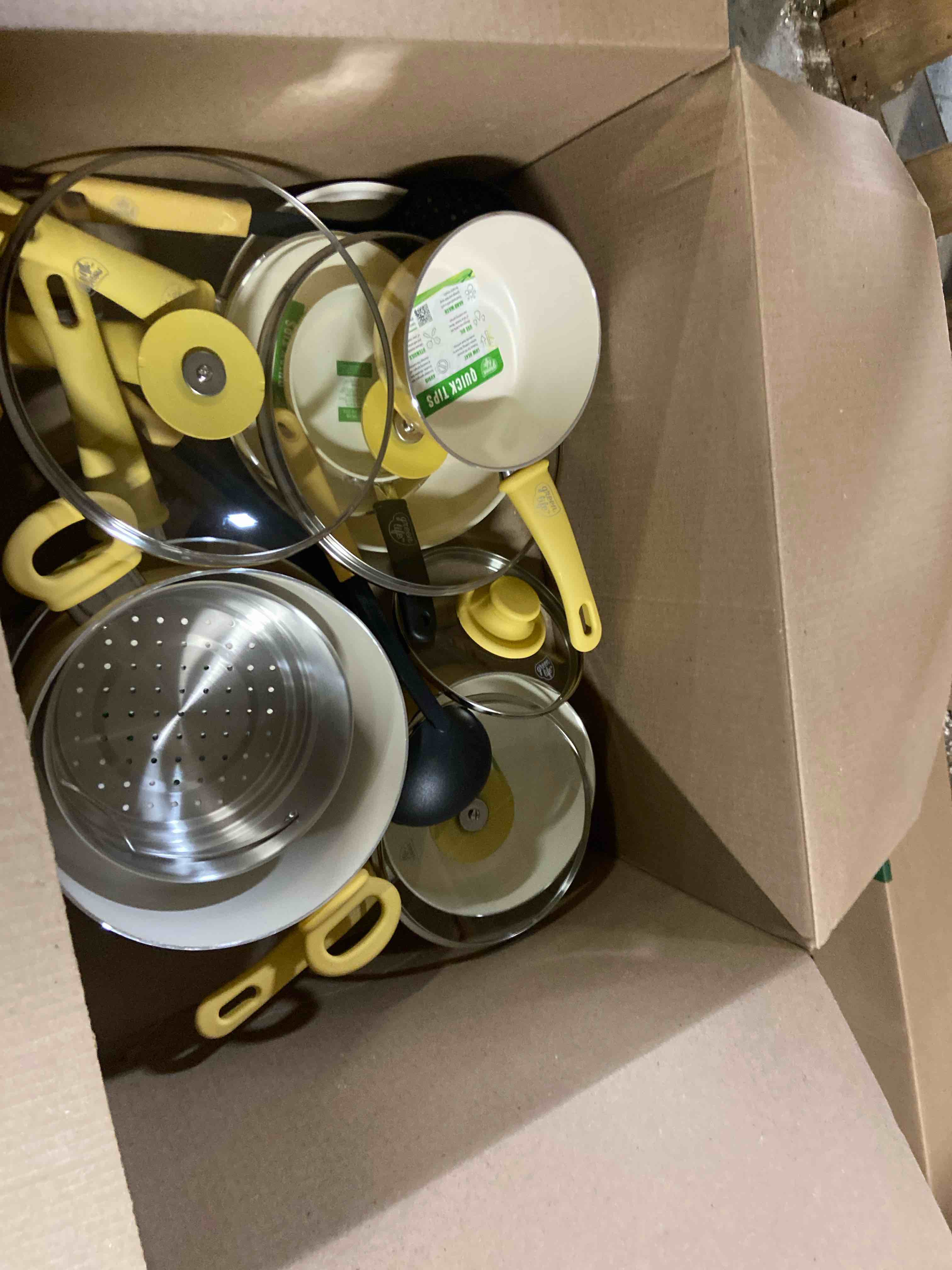 Condition photo showing New/Like New for GreenLife 16 Piece Nonstick Cookware Set, Soft Grip Non-Toxic PFAS-Free Ceramic Pots & Pans, Dishwasher & Oven Safe, Frying, Sauce, Saute, Utensils, Glass Lids, Stay-Cool Handles, Wobble Free, Yellow 16 Piece Cookware Set Yellow