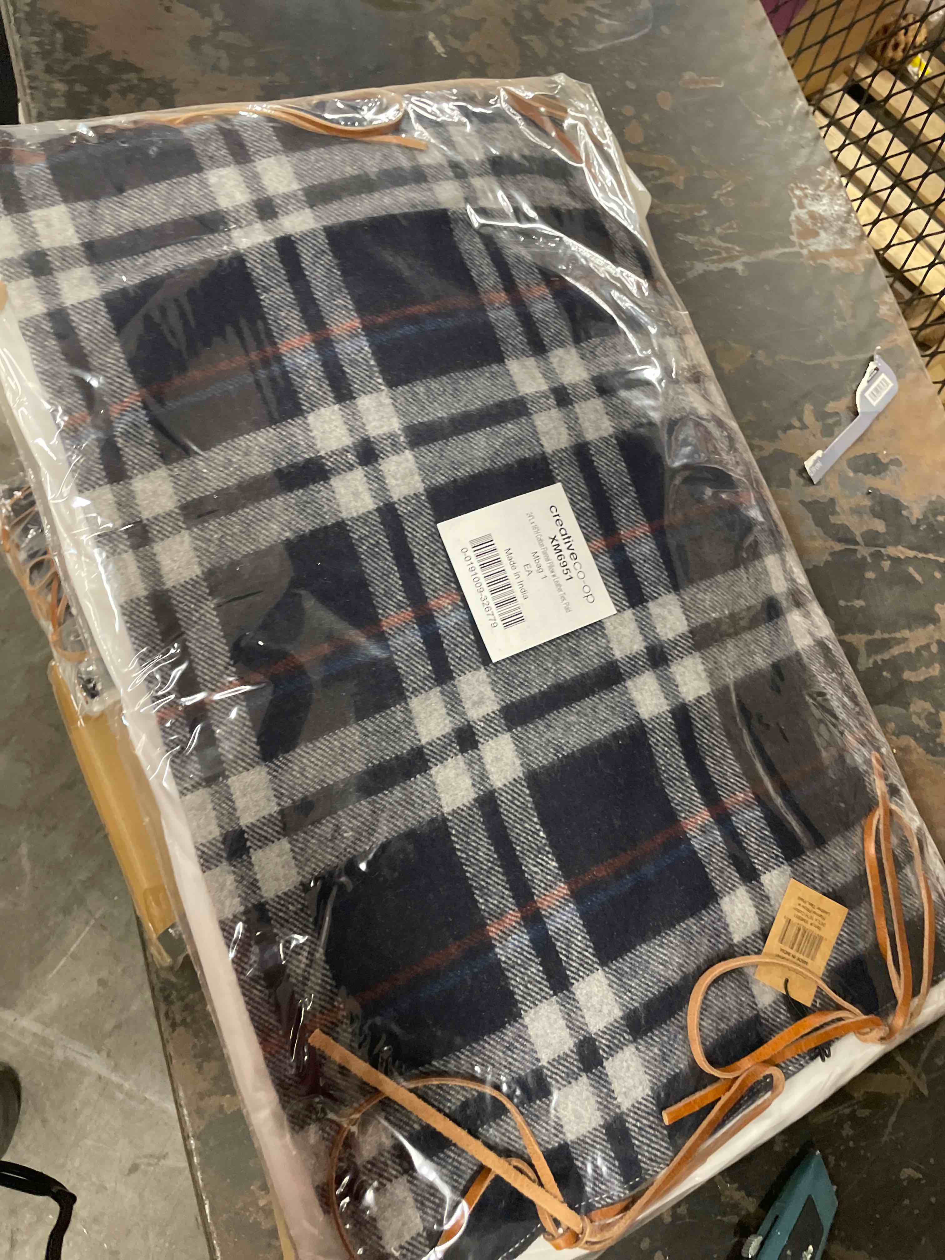 Condition photo showing New/Like New for Creative Co-op Inc Plaid Cotton Flannel Lumbar Pillow with Leather Ties, 24" x 16"