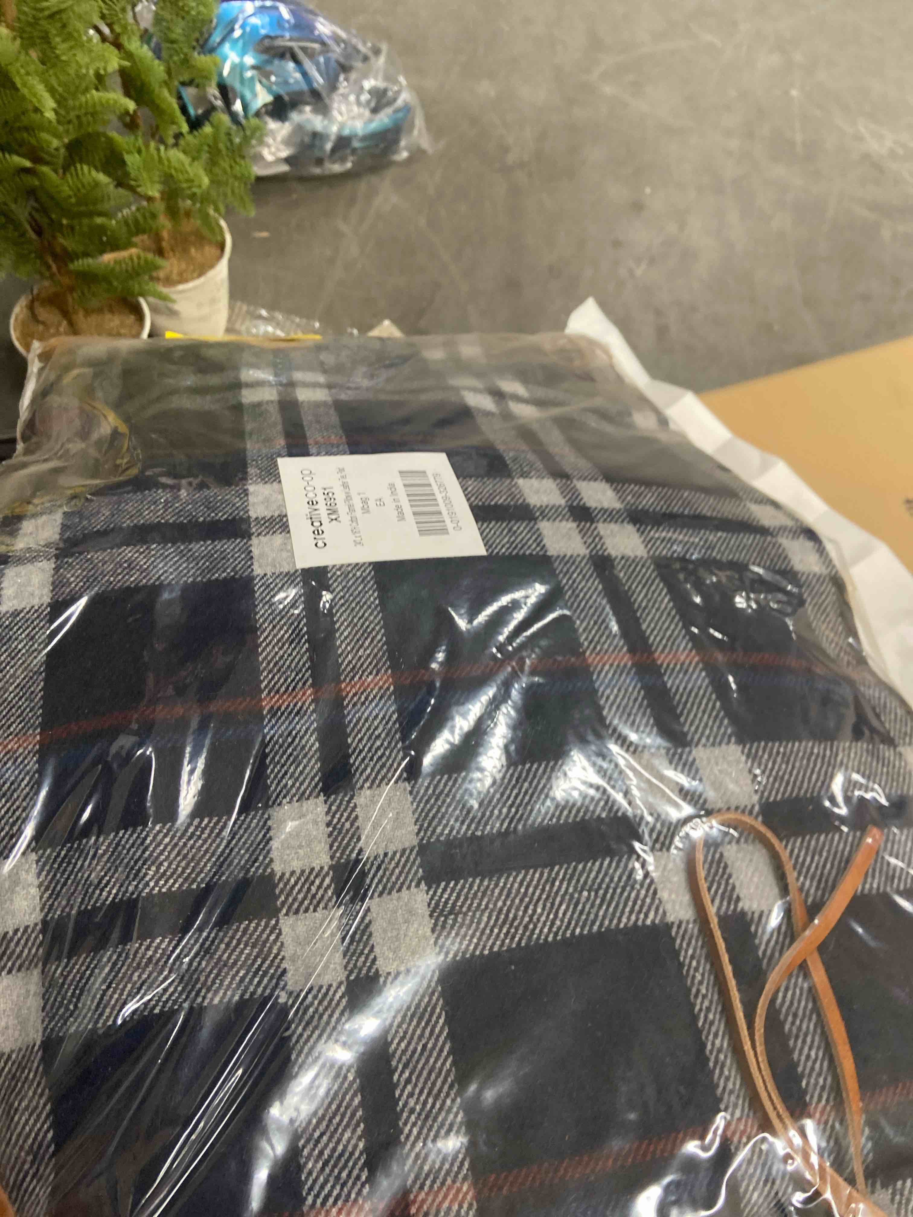 Condition photo showing New/Like New for Creative Co-op Inc Plaid Cotton Flannel Lumbar Pillow with Leather Ties, 24" x 16"
