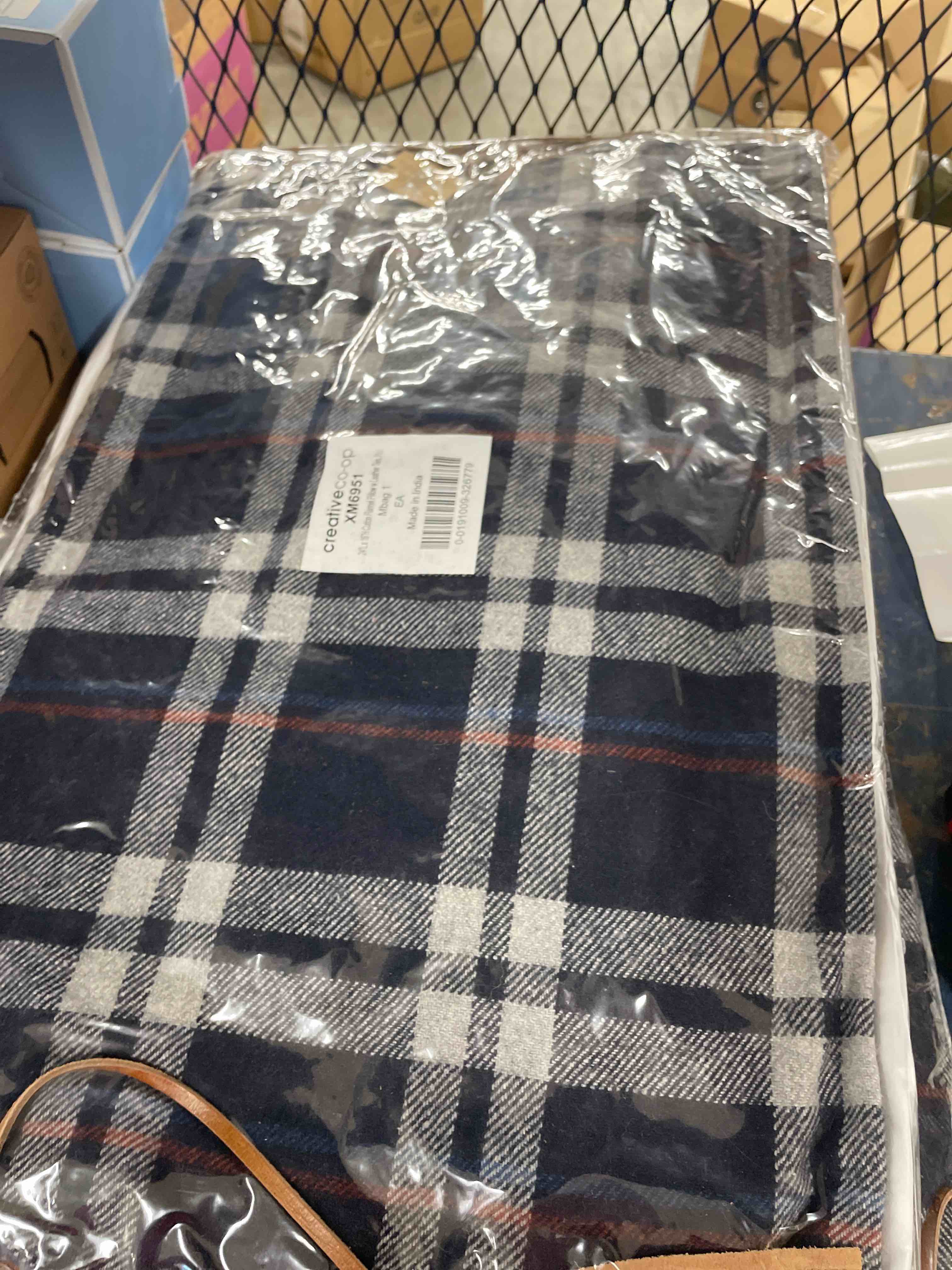 Condition photo showing New/Like New for Creative Co-op Inc Plaid Cotton Flannel Lumbar Pillow with Leather Ties, 24" x 16"