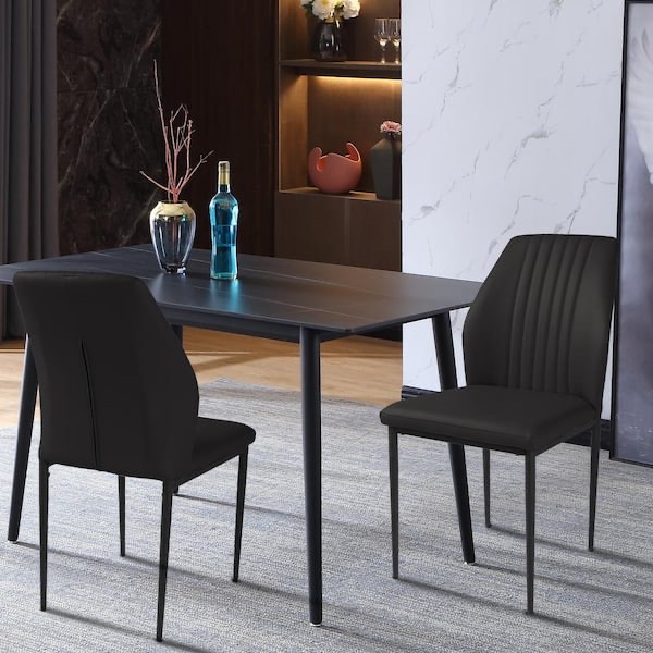 black faux leather solid back dining side chair with stable steel legs