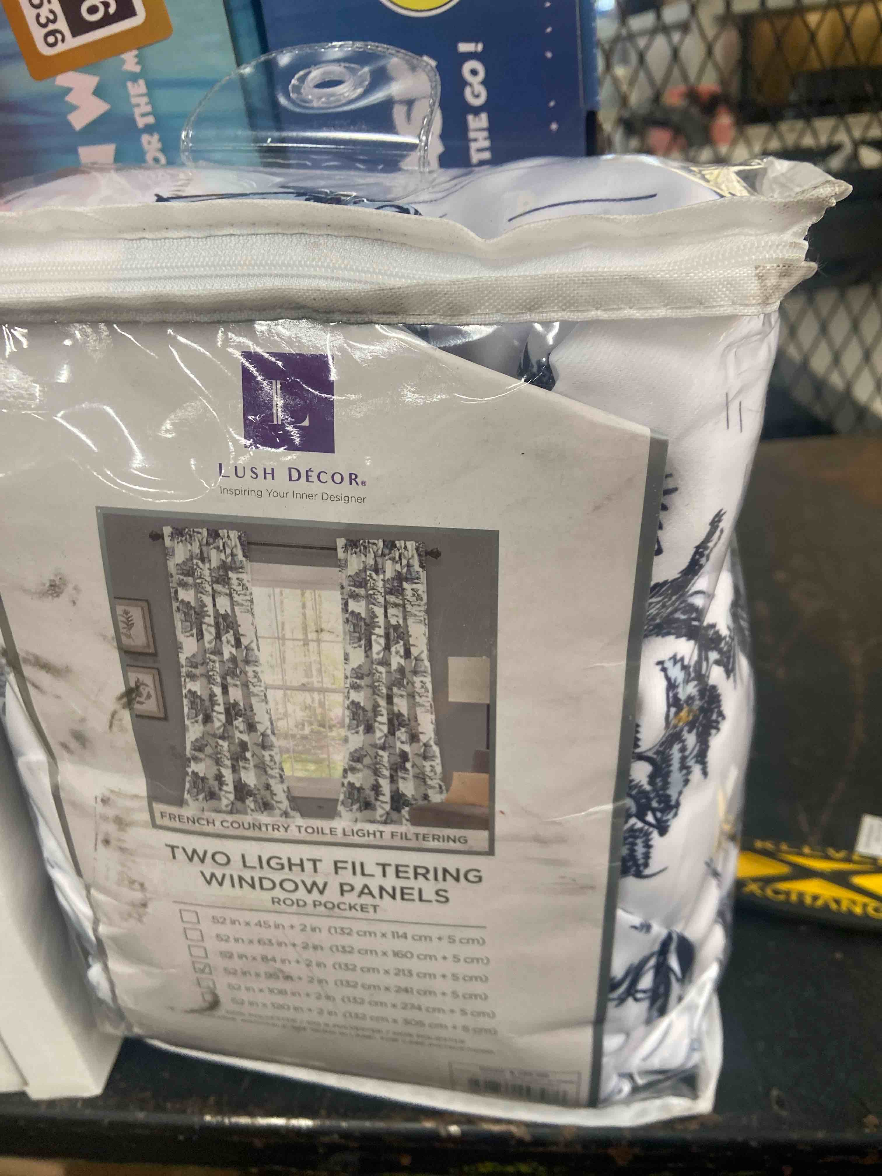 Condition photo showing New/Like New for lush decor french country toile light filtering window curtain panel pair, 52" w x 95" l, blue & white