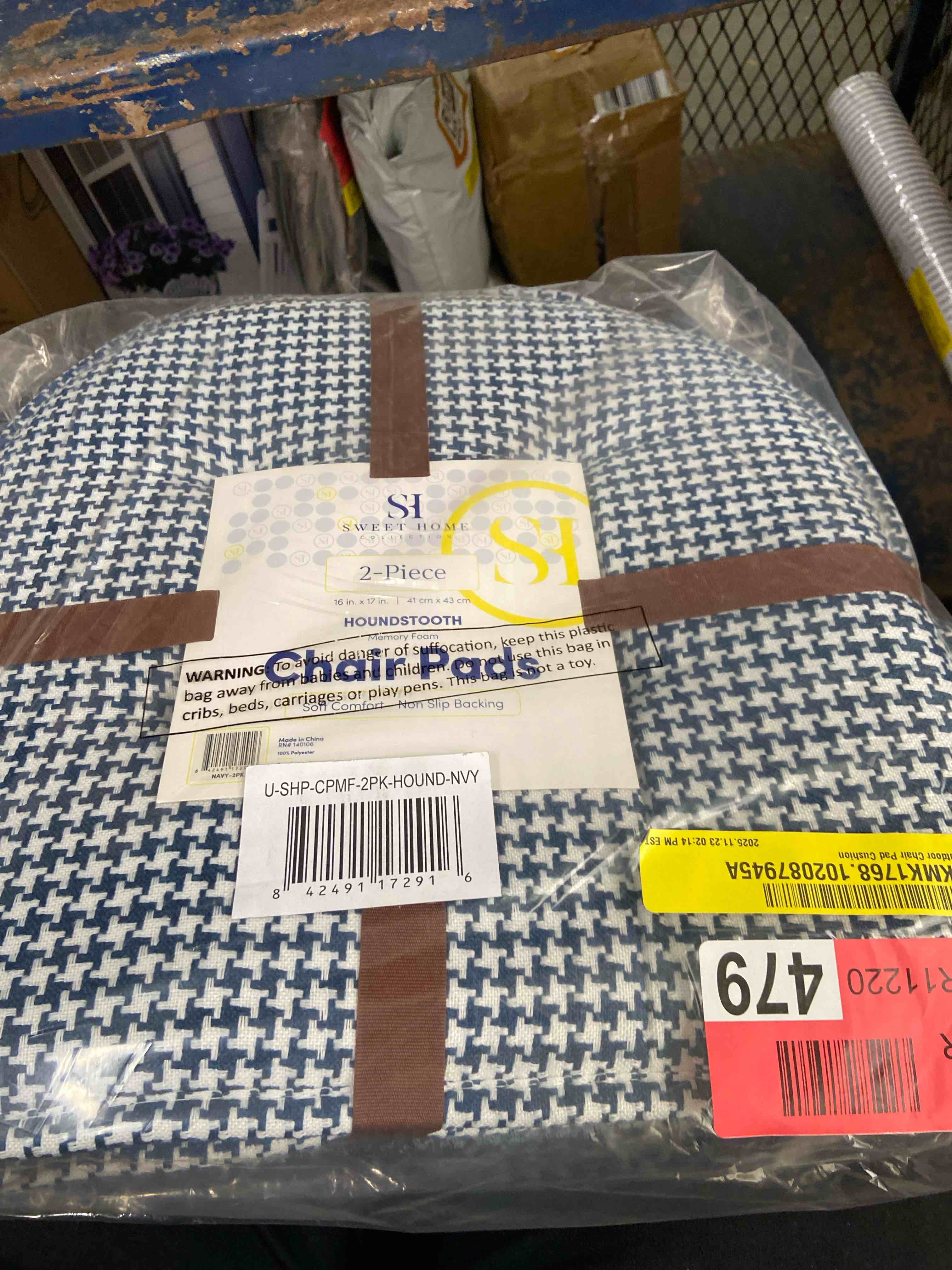 Condition photo showing New/Like New for sweet home collection chair cushion memory foam pads tufted slip non skid rubber back u-shaped 17" x 16" seat cover, 2 count (pack of 1), houndsooth navy