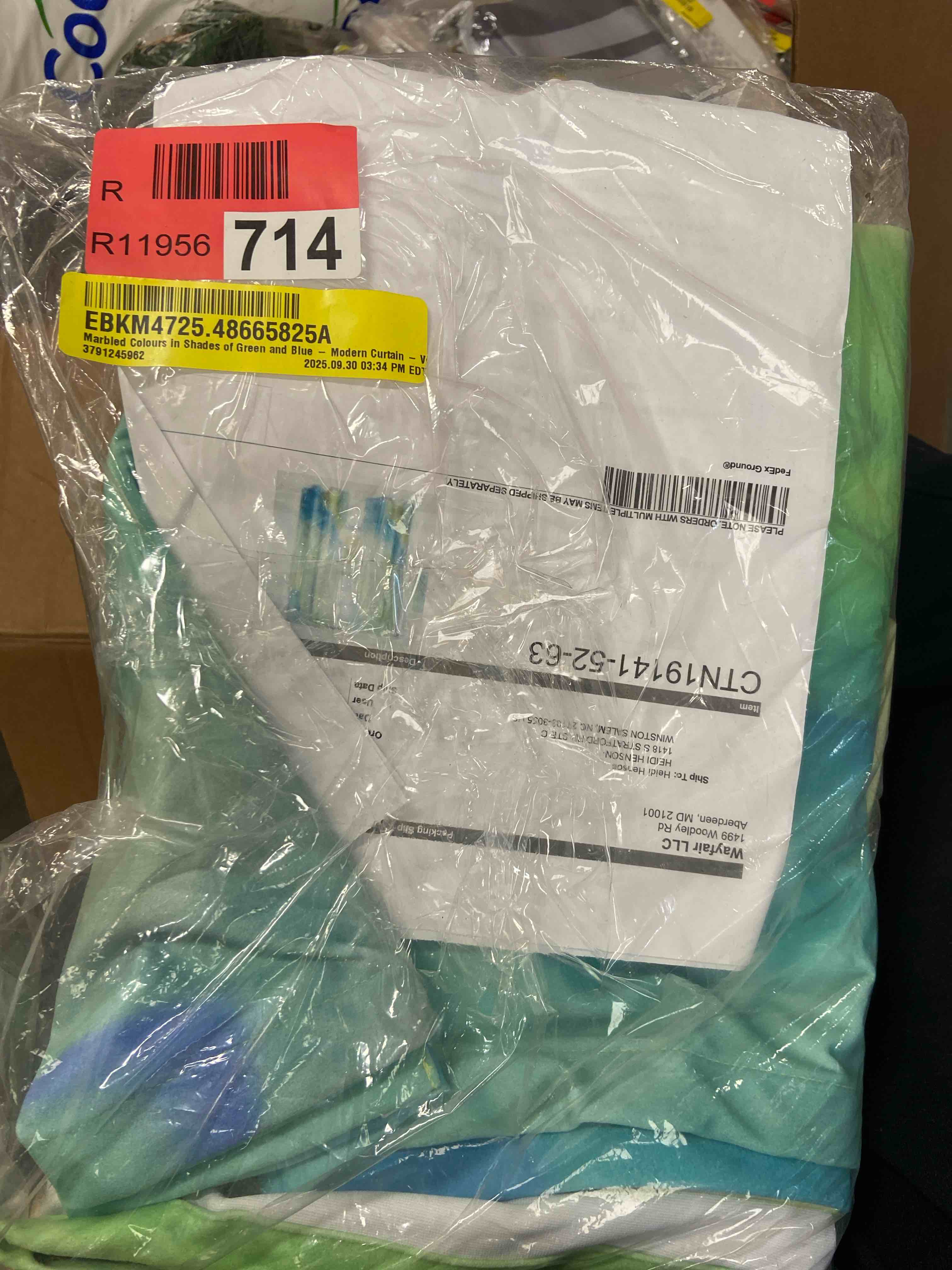 Condition photo showing New/Like New for marbled colours in shades of green and blue - modern curtain