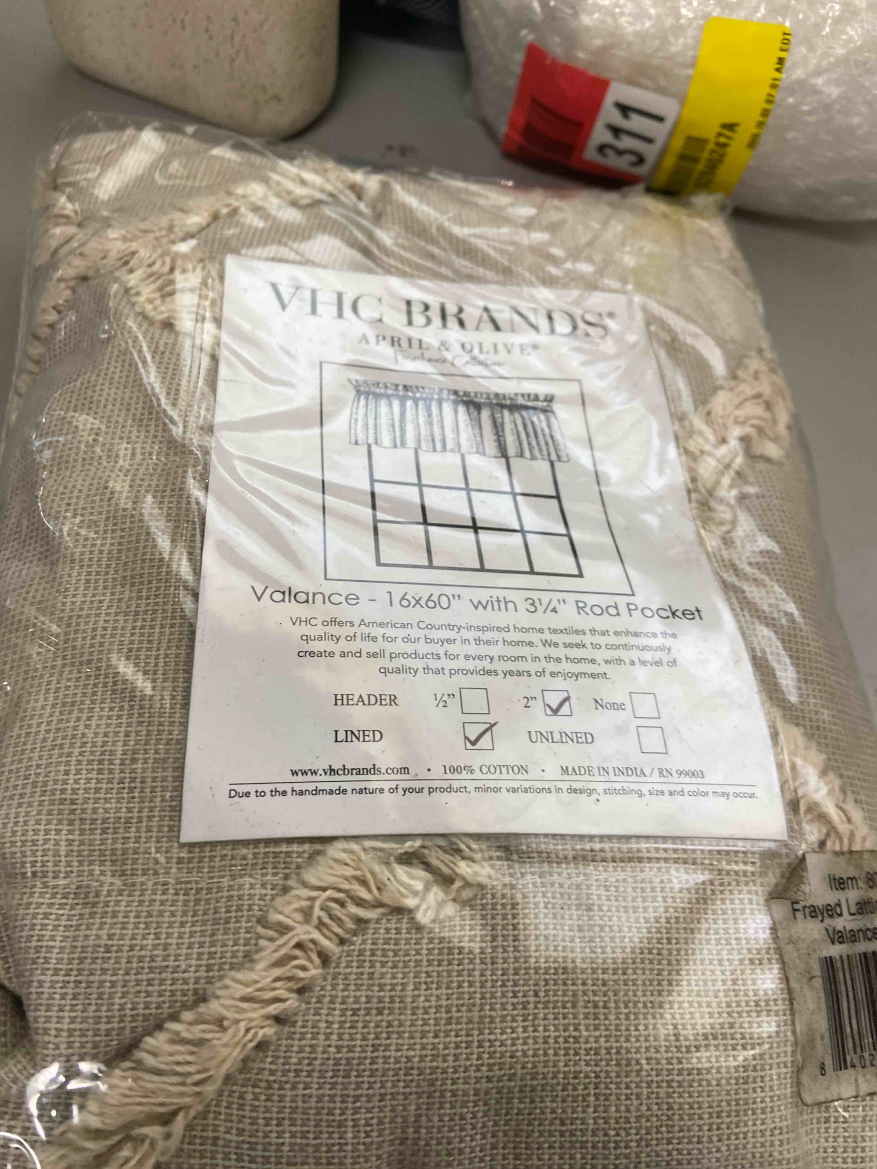 Condition photo showing New/Like New for vhc brands frayed lattice curtain valance, oatmeal, 16x60