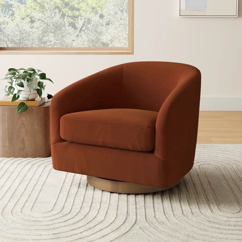 Bennett Burnt Orange Velvet Upholstered Swivel Barrel Chair with Pine Wood Base. 