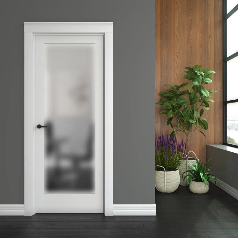 Primed Frosted Glass 1-Lite Solid Wood Slab Door Without Frame and Hardware Kit, 30” x 80” 