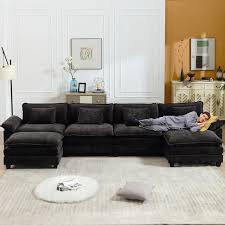 Bonuoke 142" Modular Sectional Couch for Living Room, 6-Seat Corduroy U-Shaped Sectional Couch with Reversible Ottoman, Plush Black