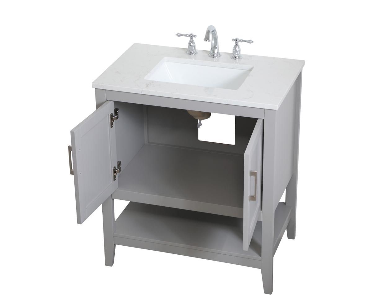 30 inch Grey Single Bathroom Vanity with 2 Cabinet Doors and 1 Open Base Shelf, Brushed Nickel Handles, Calacatta Stone Top. Sink top has small chip on bottom of right front corner, otherwise beautiful condition. 34” H x 19” W x 30” D