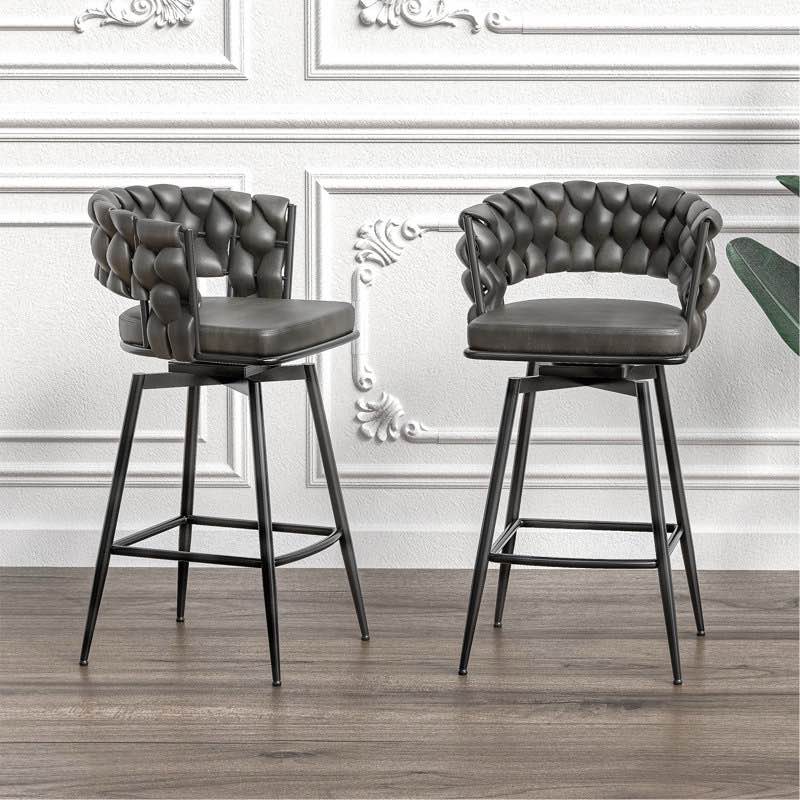 Leather Upholstered Bar Stool, Matte Black Metal Frame, Woven Leather Cushioning and Back in Dark Grey, Set of 4