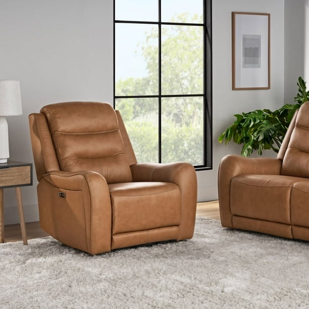 Member's Mark Cooper Power Reclining Leather Chair in Caramel Brown, Includes USB Port, Deep Set Cushioning