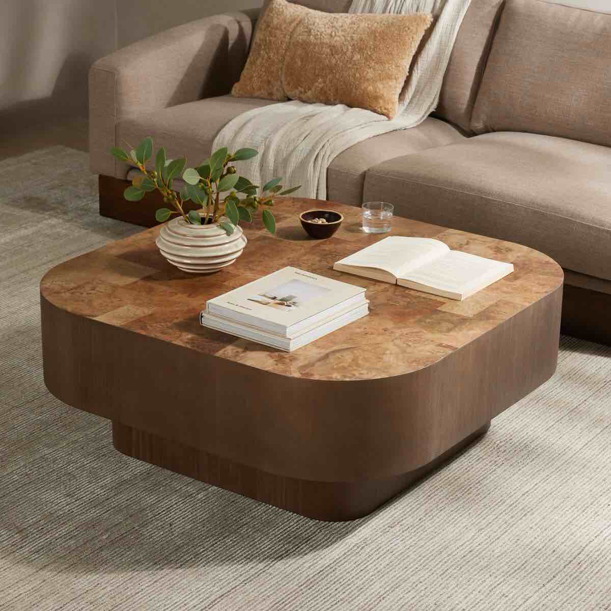 Blanco Coffee Table. Warm Umber Burl, 2 Tier, Rounded Corners