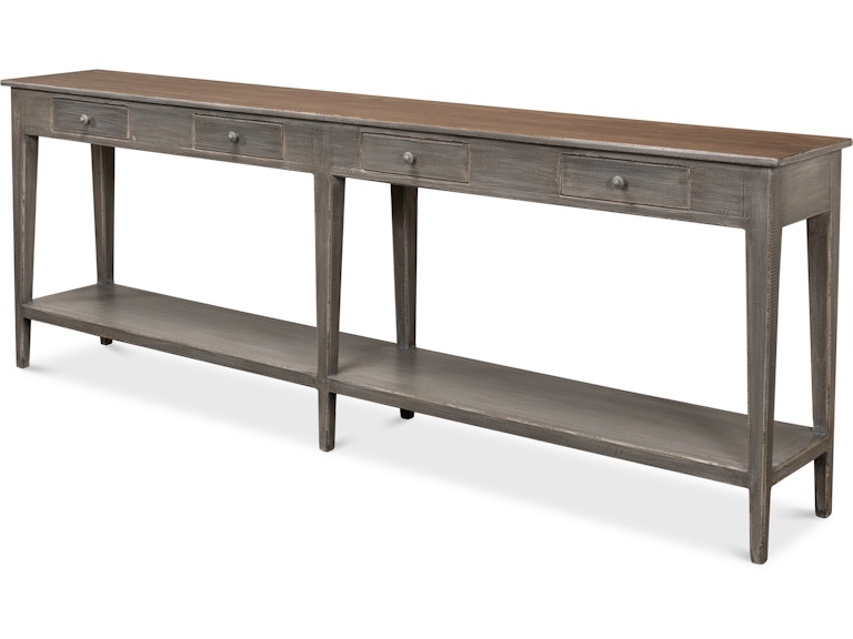 Sarreid Ltd Provincial Hall Table in Dostressed Grey W/ Natural Walnut Top, 4 Drawers, Wooden Knob, Open Base Shelf, Width 98" (248.9 cm) Depth 15" (38.1 cm) Height 35" (88.9 cm)
