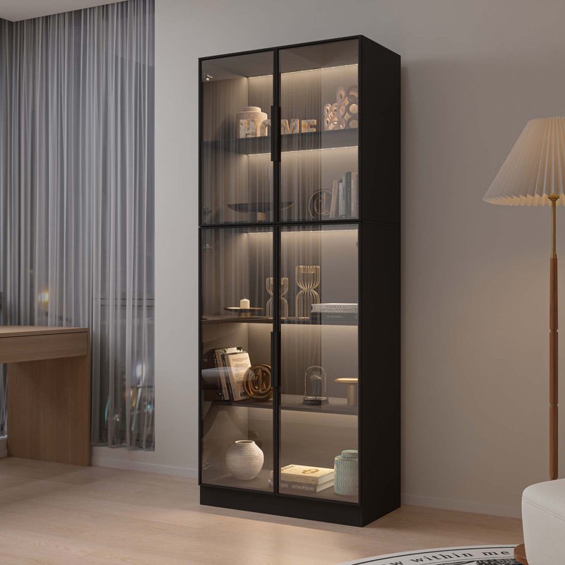 Black Display Cabinet With Glass Doors and LED lights, 5 Shelves Each, Metal Doors. 3 Bookcases Total, Minor scratching on sides 