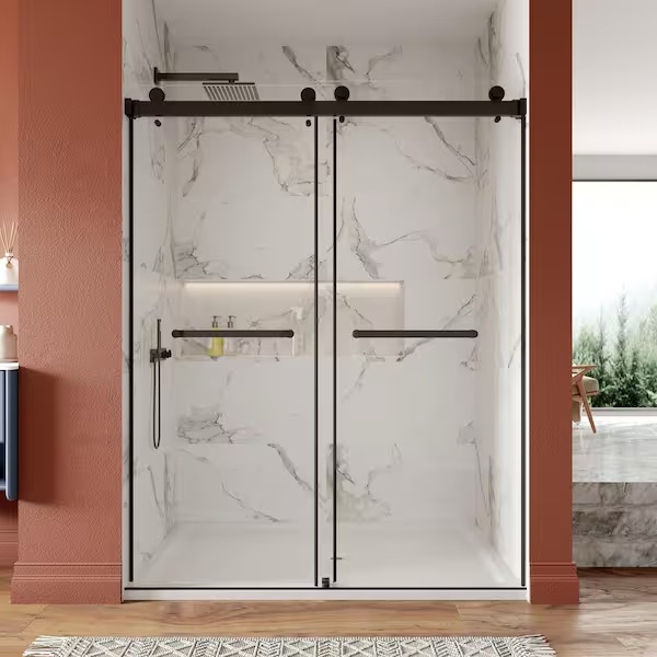DeerValley 56" - 60" W x 76" H Frameless Sliding Shower Door with Matte Black Hardware (Box is damaged, Product is not)