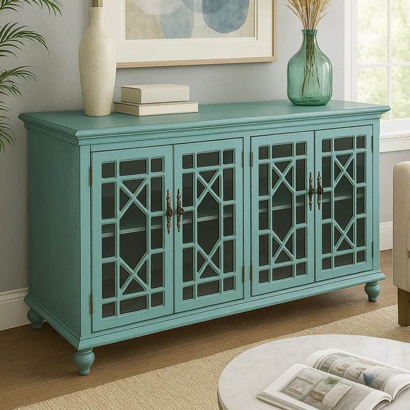 Ira Wood Four Door Credenza in Sea Foam Blue with Antique Floral Accent Iron Handles. Middle left glass panel needs replaced, small chips on edges. 46"W x 26"D x 19.5"H