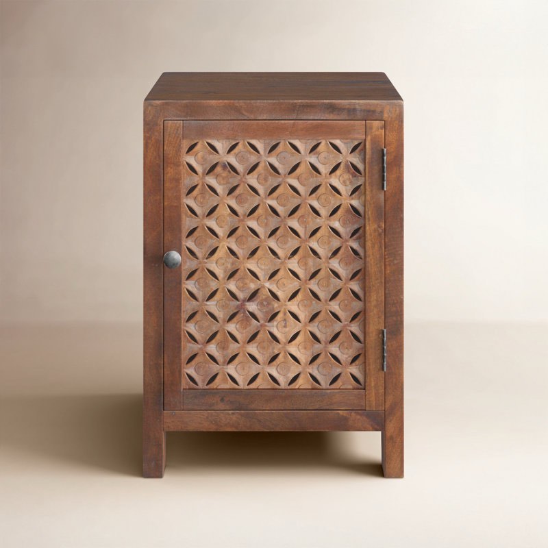 Handcarved Solid Mango Wood Accent Cabinet with Shelf, 24'' H X 17'' W X 15'' D