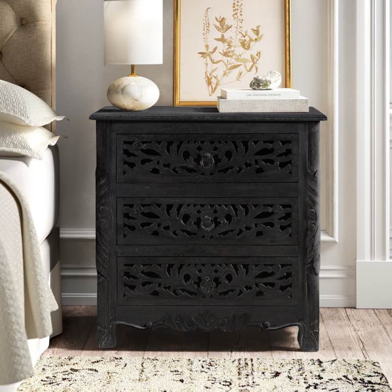 Harleen 3 - Drawer Nightstand in Dark Brown with Hand Carved Drawers and Embellished Sides. Chip on back right corner, otherwise brand new. 