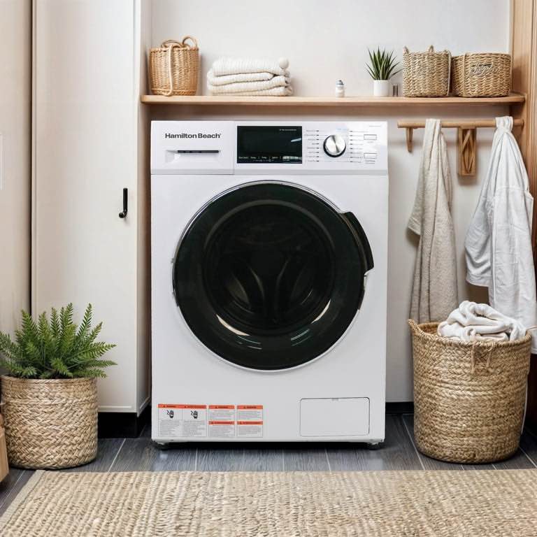 Hamilton Beach 2.7 cu ft Front Loading Combo Washer and Dryer, White. Dent on side