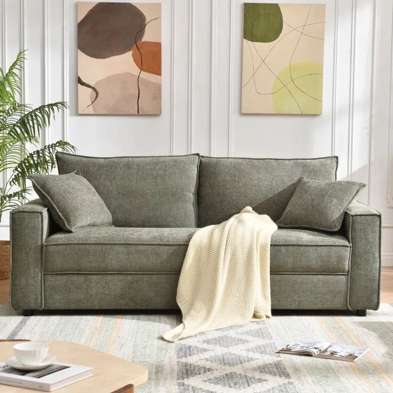 Alcantara 3-Seater 79.5'' Modern Upholstered Sofa with Square Armrests and 2 Throw Pillows
