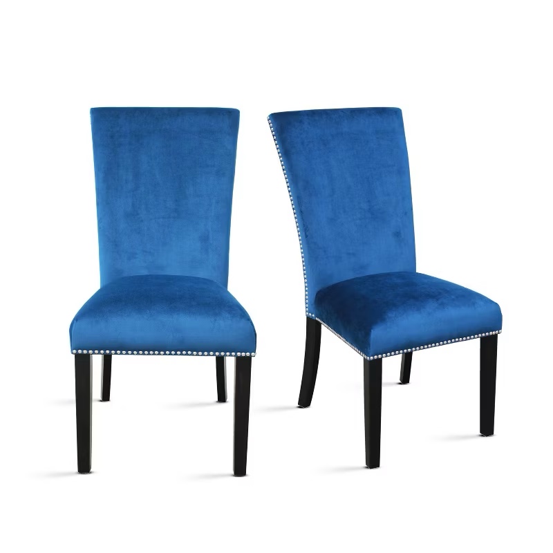Camila Dining Chairs, Blue Linen Tufted Dining Chairs with Gold Tufted Buttons and Long Wooden Legs in Espresso, 5 Chairs Total