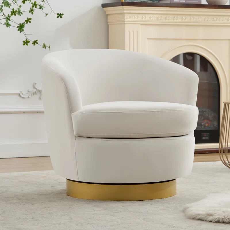 Velvet Swivel Barrel Chair in Ivory with Gold Brushed Metal Swivel Base 