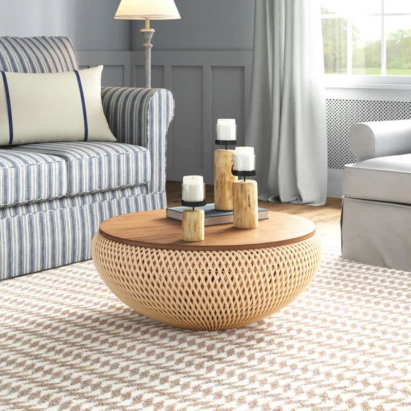 Rebeckat Coffee Table, Woven Natural Wicker Base and Teakwood Table Top, 12.59'' H X 31.49'' W X 31.49'' D