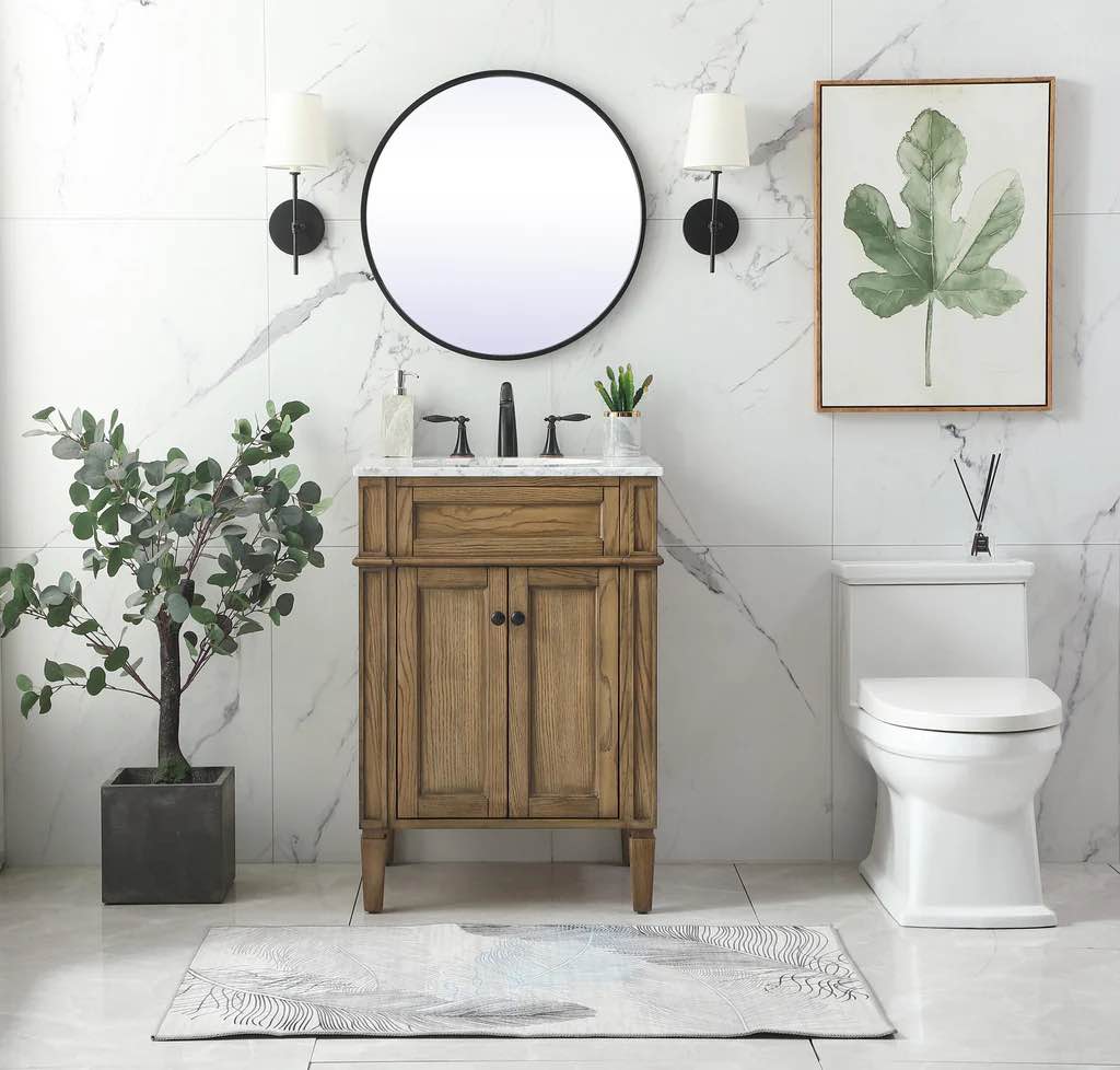 24 Inch Single Bathroom Vanity In Driftwood with 2 Cabinet Doors, Carrara Marble Top and Matte Black Knobs, 21.5W x 24D x 35H