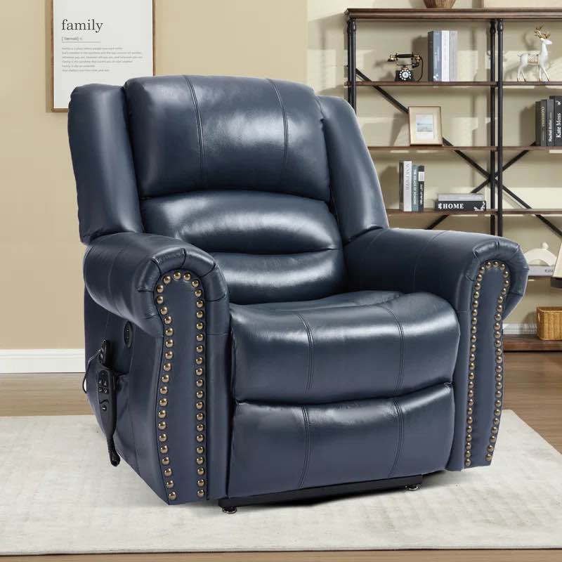 40" W Blue Genuine Leather Dual Motor Power Lift Recliner Infinite Position With Heat And Massage