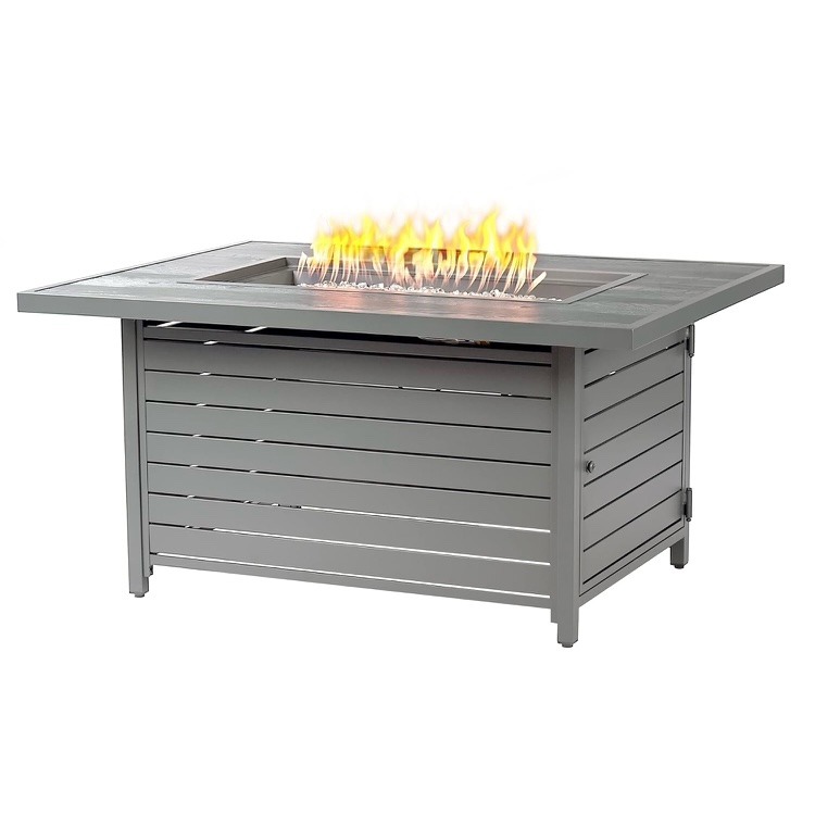 Wonderfire Propane Metal Firepit Table in Grey Driftwood Style, Minor Scuffing on Right Side Edge, Handle Needs Replaced, Otherwise Beautiful Firepit, 48” L x 32” W x 24” H 