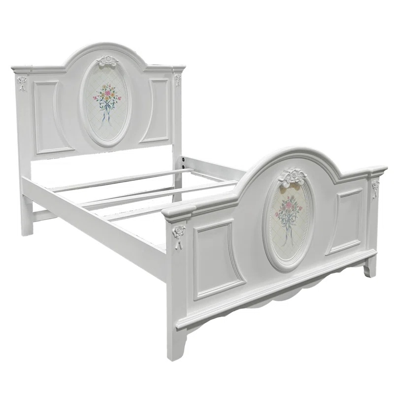 Sauval White Wooden Full Size Bed with Hand Painted Floral Decal and Floral Embellishments Along Rails, 3 Boxes Total
