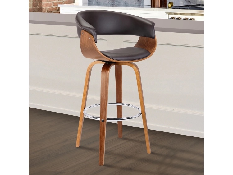 Julyssa Dark Brown Vegan Leather Counter Height Bar Stools with Walnut Swivel Leg Base, Width: 24.00" Height: 37.00" Depth: 20.00" , 3 Chairs Total