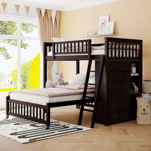 Twin Over Full Wooden Ladder Bunk Bed in Espresso with 6 Drawer Dresser and 3 Tier Bookshelf, 79.5"L x 79.5"W