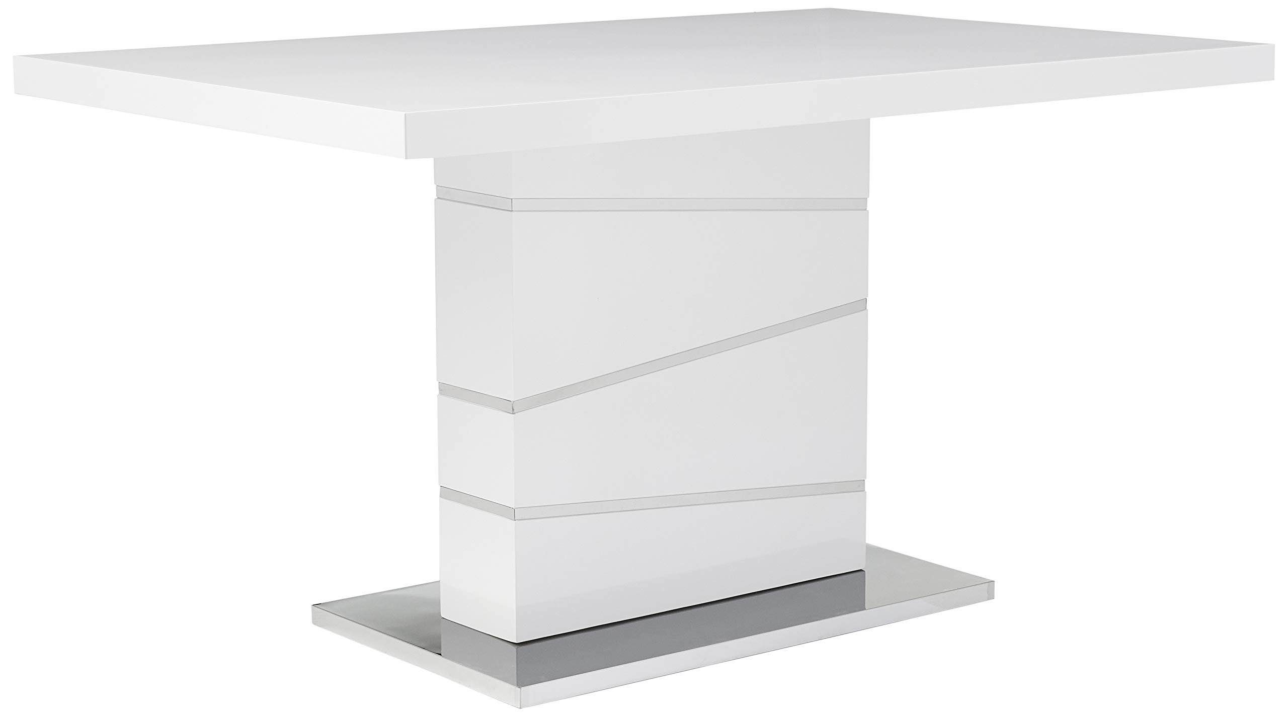 Modern white lacquer glossy high top dining table with stainless steel pedestal legs, seats 4. Table size: 55"L x 35"W x 30"h (3 boxes)
