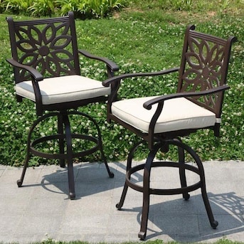 PHI VILLA Brown Steel Swivel Outdoor Patio Stool with Light Beige Cushions, Set of 2