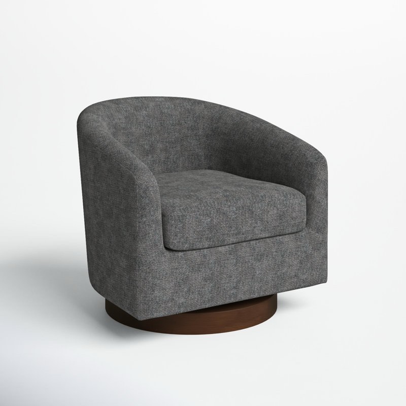 Bennett Grey Tweed Upholstered Swivel Barrel Chair with Pine Wood Base in Hazelnut Finish