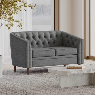 Tahisa 55.5'' Charcoal Grey Tufted Soft Polyester 2 Seater Loveseat with Wooden Legs in Walnut and Curved Arms