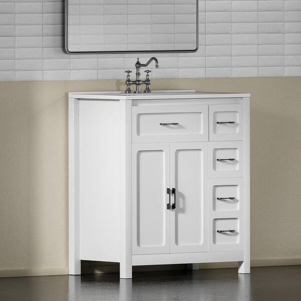 30 in. W x 18.3 in. D x 34 in. H Single White Freestanding Bath Vanity, Sink Top Sold Separately, 4 Drawers, 1 Open Space Cabinet, Matte Black Hardware