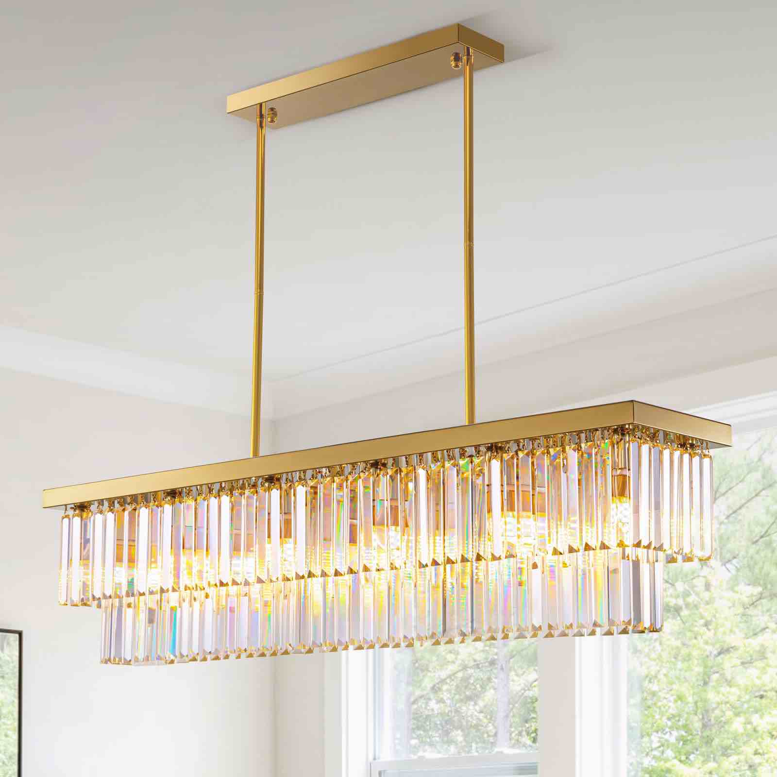 Siljoy 12-Light 2 Tier Gold Brushed Rectangular Crystal Chandelier Gold Rectangular K9 Crystal Raindrop Chandelier, Luxury 2-Tiers Adjustable Ceiling Pendant Light Fixture. L47'' x W10'' x H10''