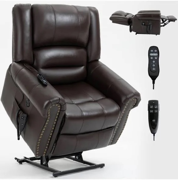 Boyel Living Power Lift Recliner Chair, dark brown breathable vegan leather, 8 vibrating modes, 3 massage modes, 2 USB ports, 2 storage pockets, and electric dual motor mechanism for 180° recline (2 boxes)